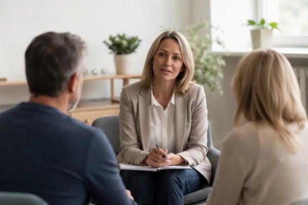 Couple discussing financial arrangement , pensions in divorce Salford